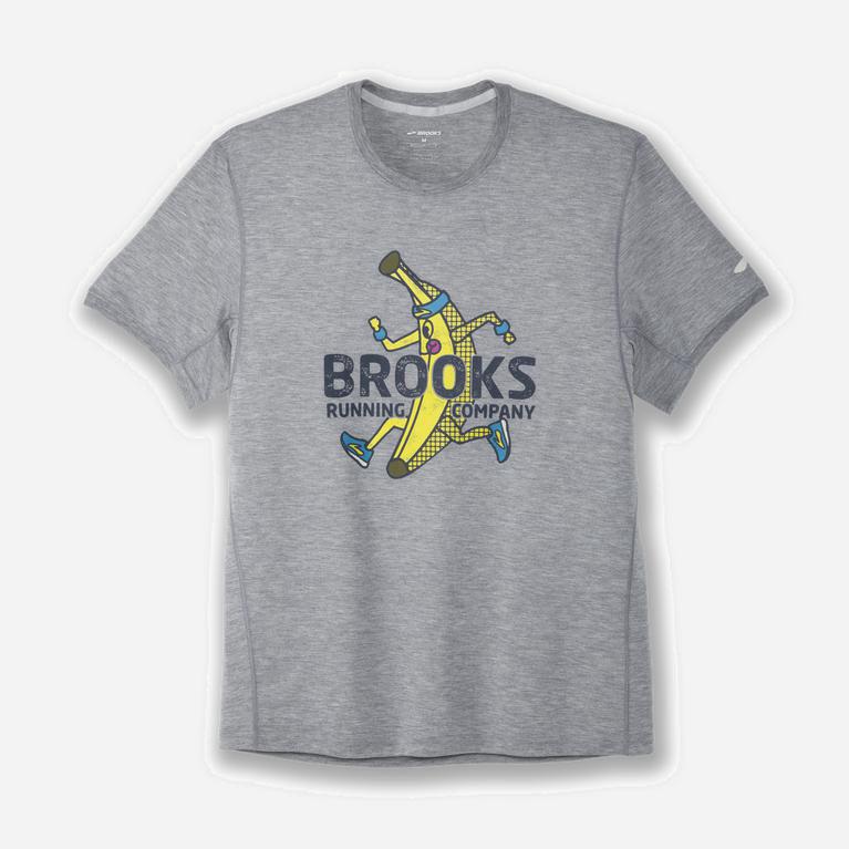 Brooks Distance Graphic Men's Short Sleeve Running Shirt UK Sale - Heather Ash/Banana/Grey (AFCQK304